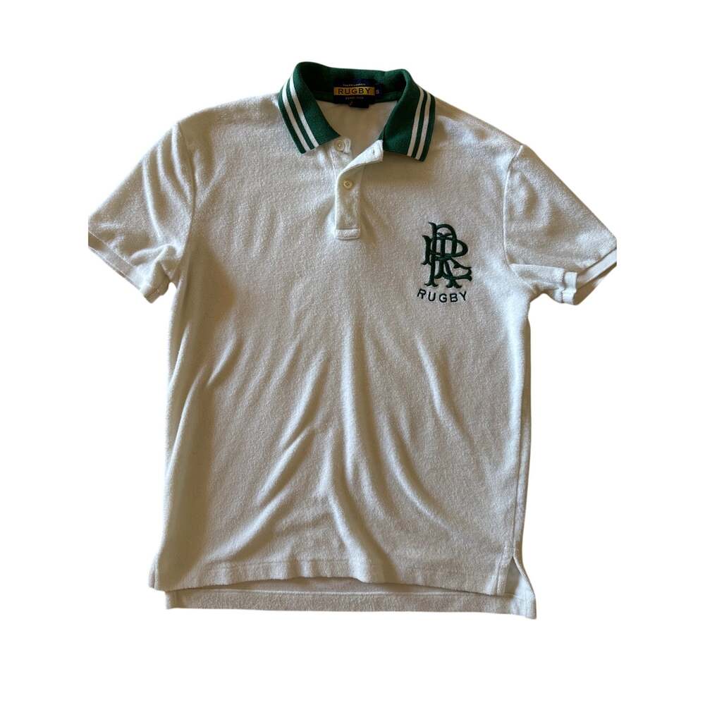 Rugby Ralph Lauren Mens S White Terry Cloth Polo Green Logo Y2K